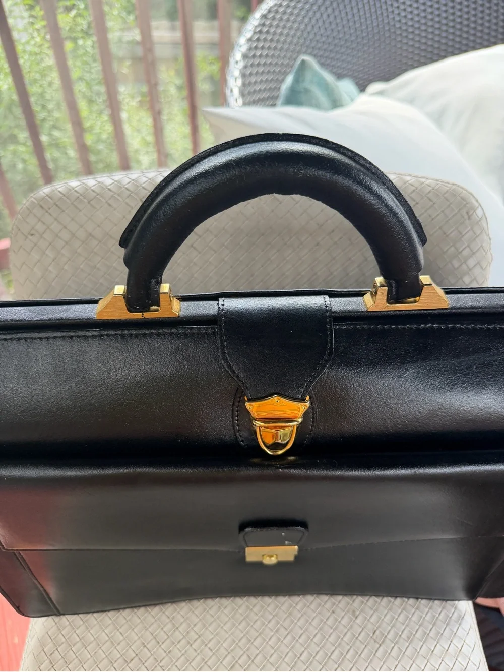 Men's Black Leather Briefcase with Gold Hardware - Classic Professional Style